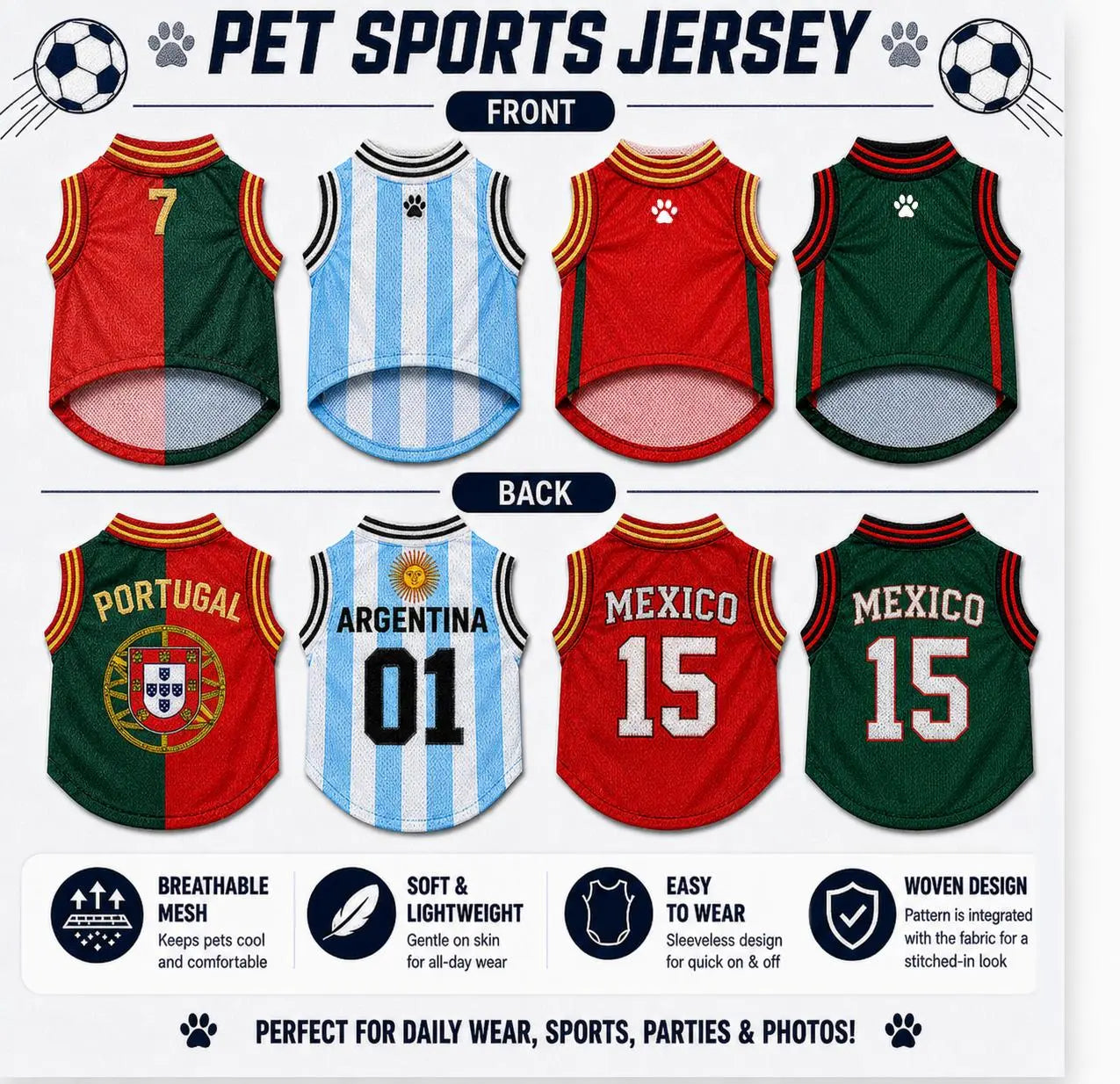Pet Sports Jersey for Dogs and Cats - Lightweight Breathable Sleeveless Mesh Vest in Soccer Style for Small to Medium Pets, Ideal for Parties, Photos, Walks, and Game Day