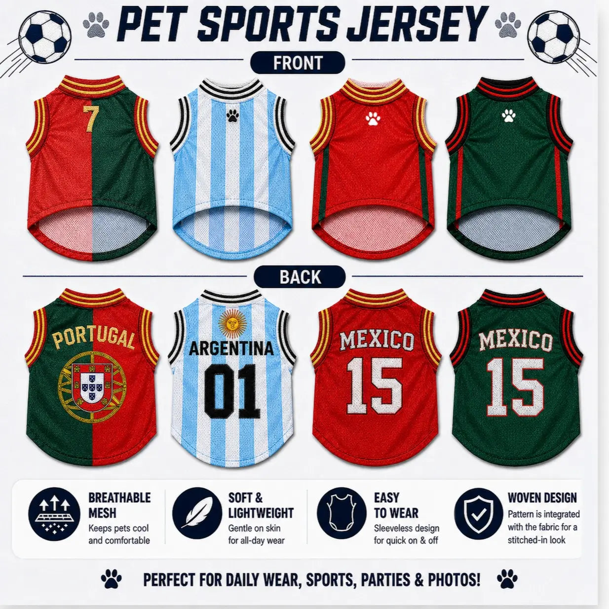 Pet Sports Jersey for Dogs and Cats - Lightweight Breathable Sleeveless Mesh Vest in Soccer Style for Small to Medium Pets, Ideal for Parties, Photos, Walks, and Game Day